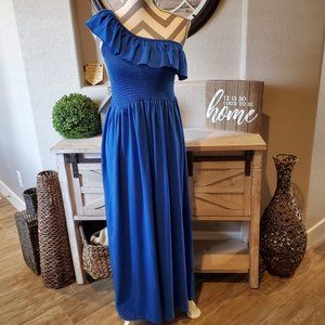 Derek Heart Blue One Shoulder Ruffle Maxi Dress
